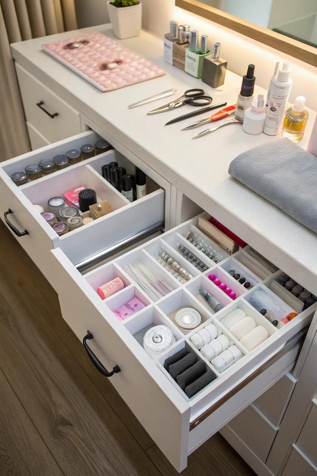 Organized storage keeps your nail room tidy and efficient.