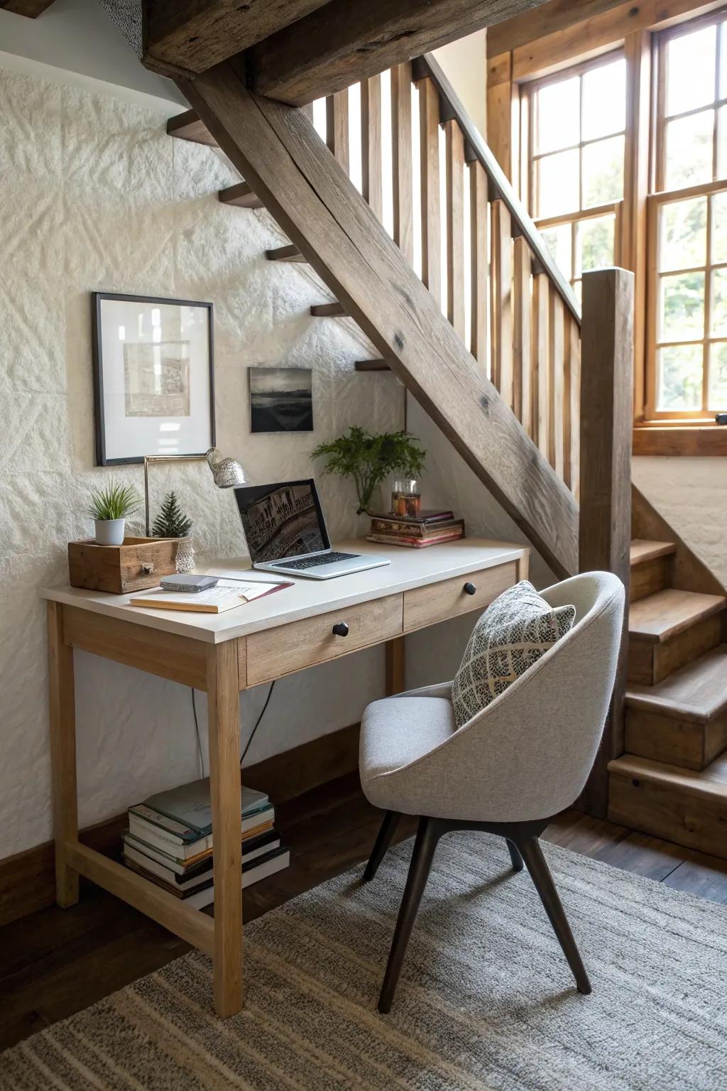 A smartly utilized under-stair space transformed into an office.