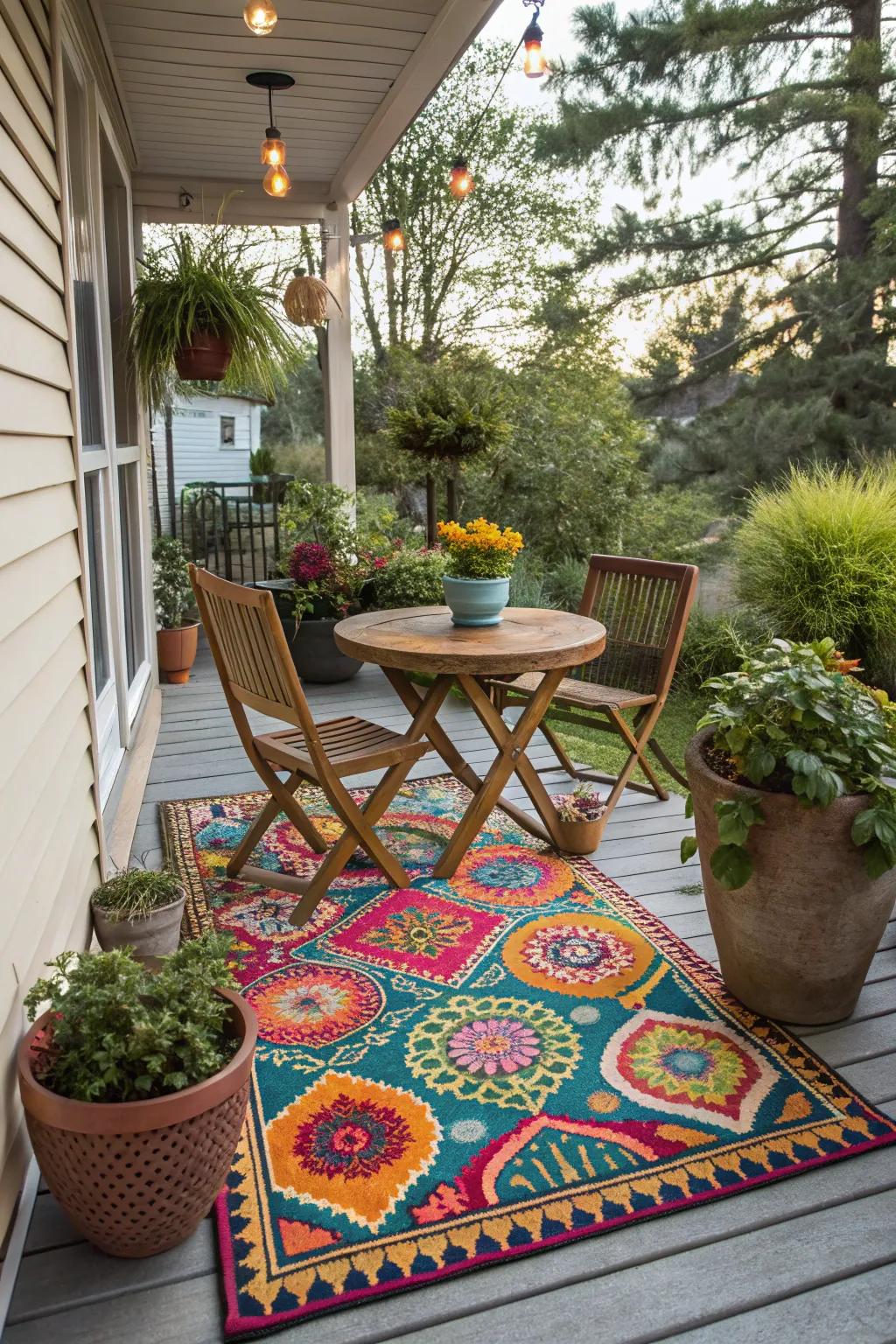 A colorful rug ties together the elements of a small patio.