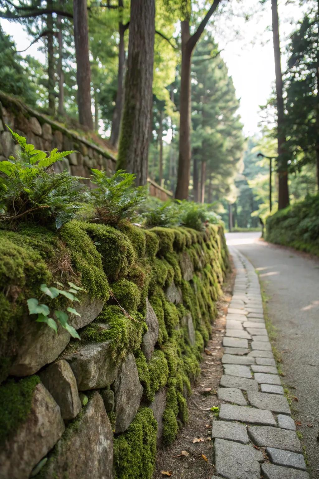 Natural stone walls offer a serene, organic ambiance.