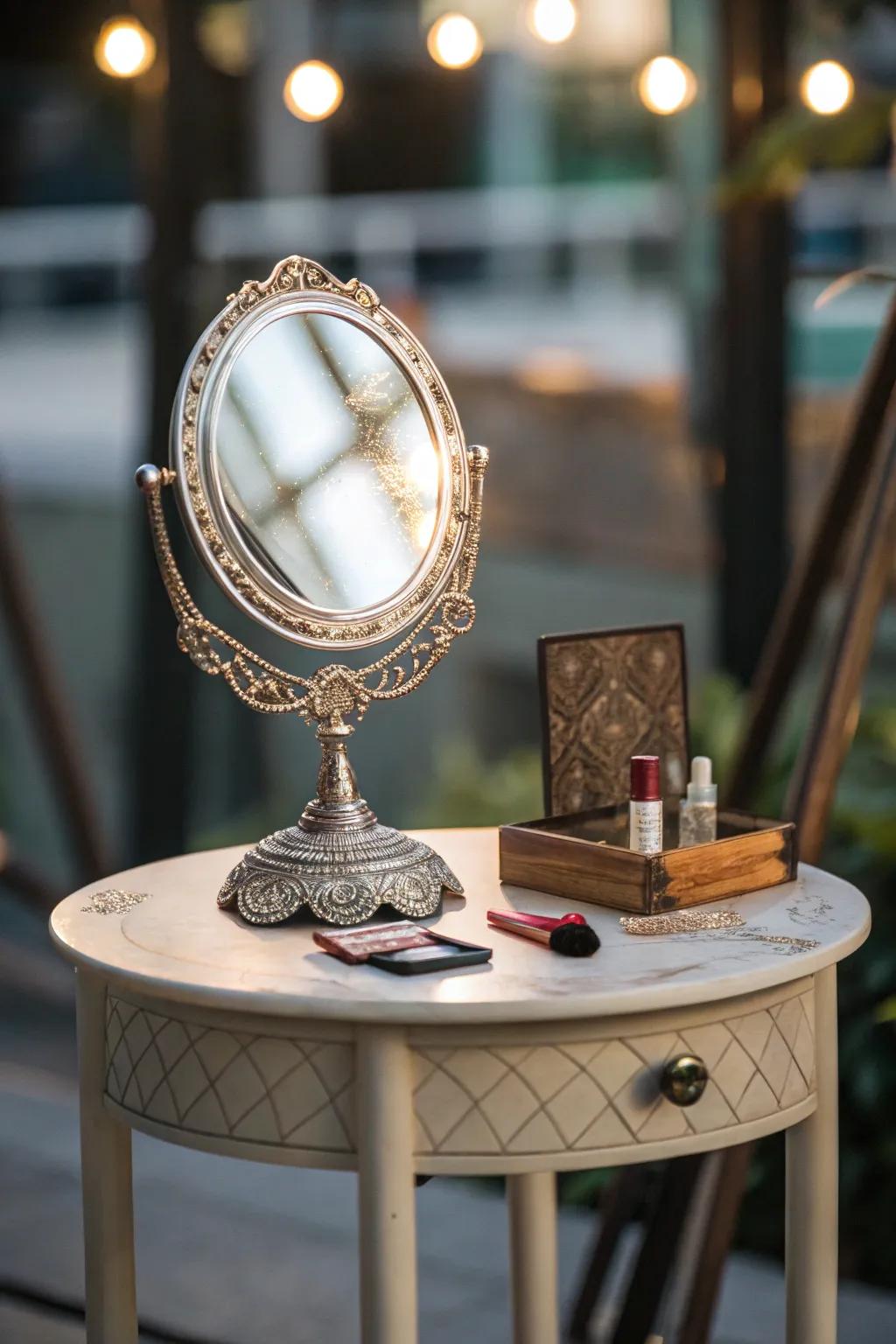 A mirror near the side table enhances light and space.