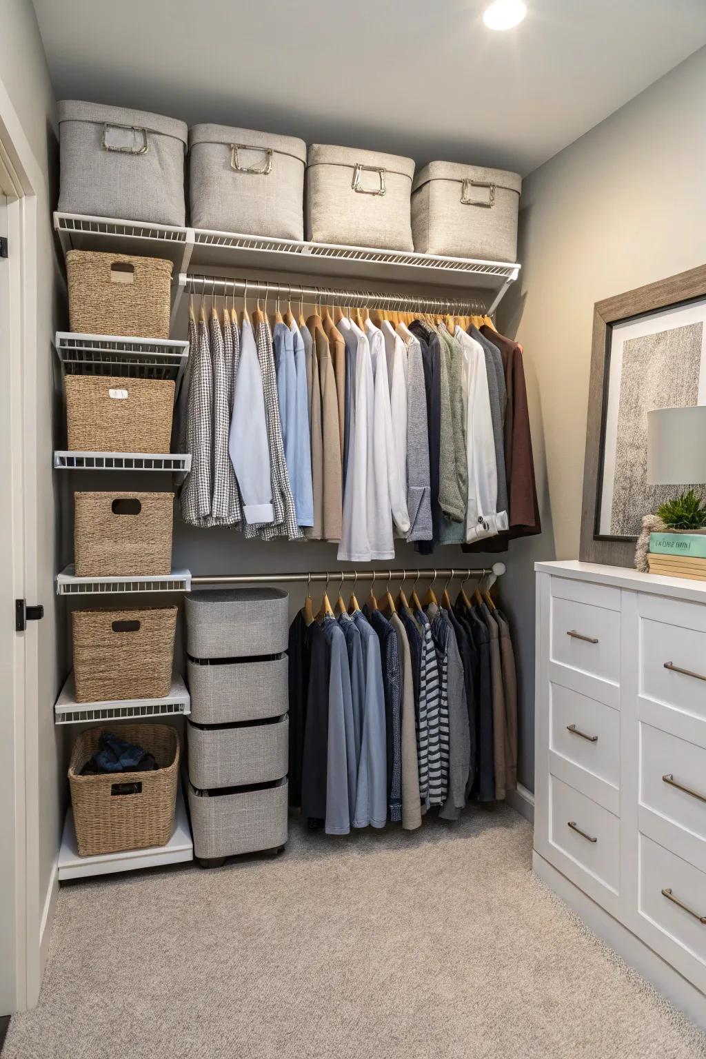 An organized closet with double hanging rods, maximizing storage.