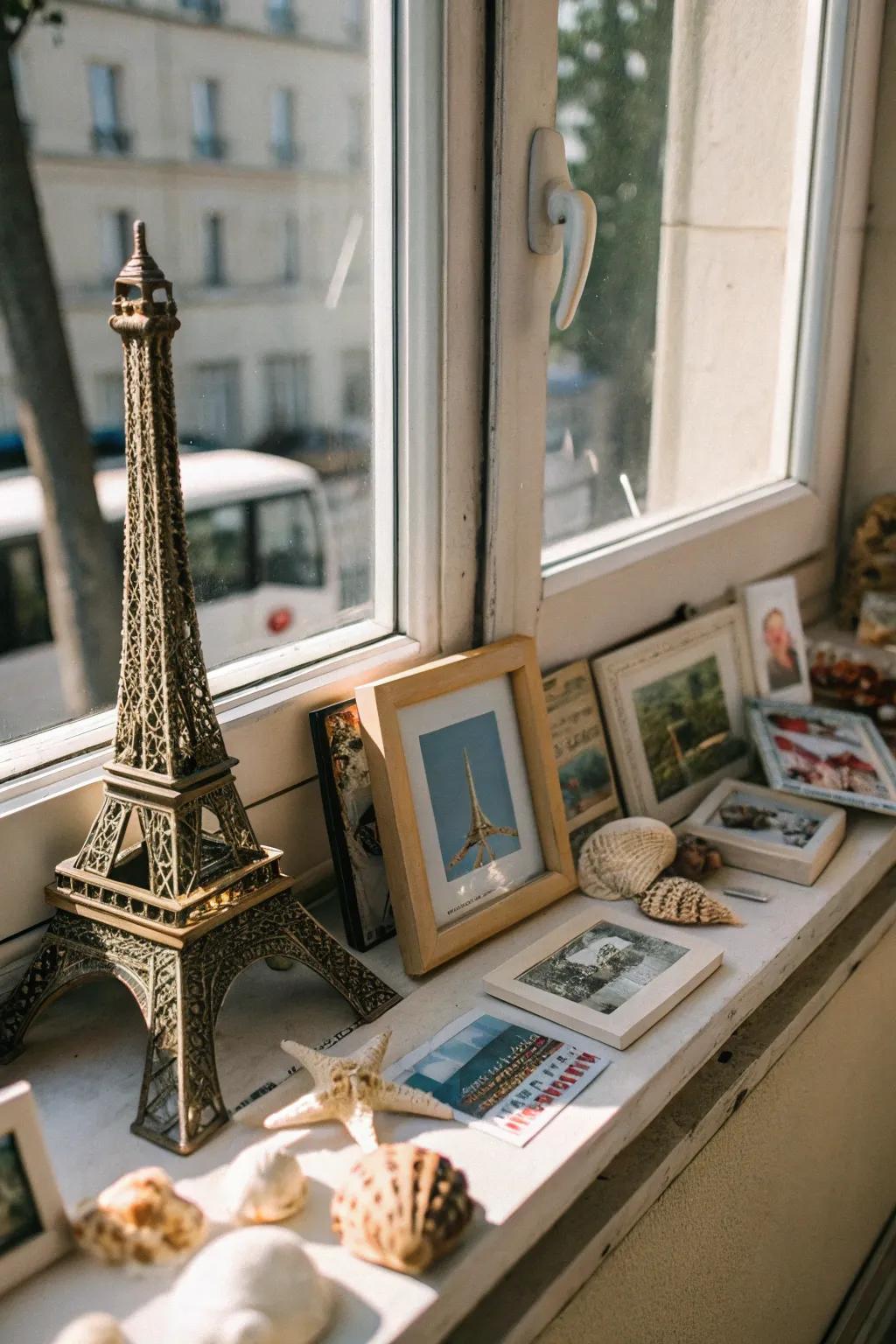 A personal touch using travel mementos in a window display.