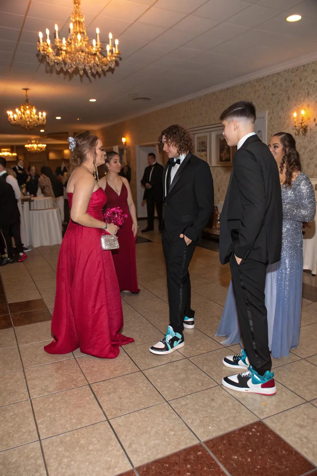 Guests showcasing a blend of formal attire and stylish sneakers.