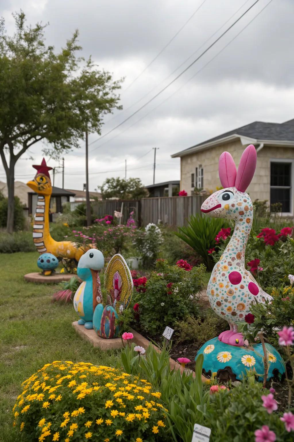 Whimsical garden statues adding personality to a yard.