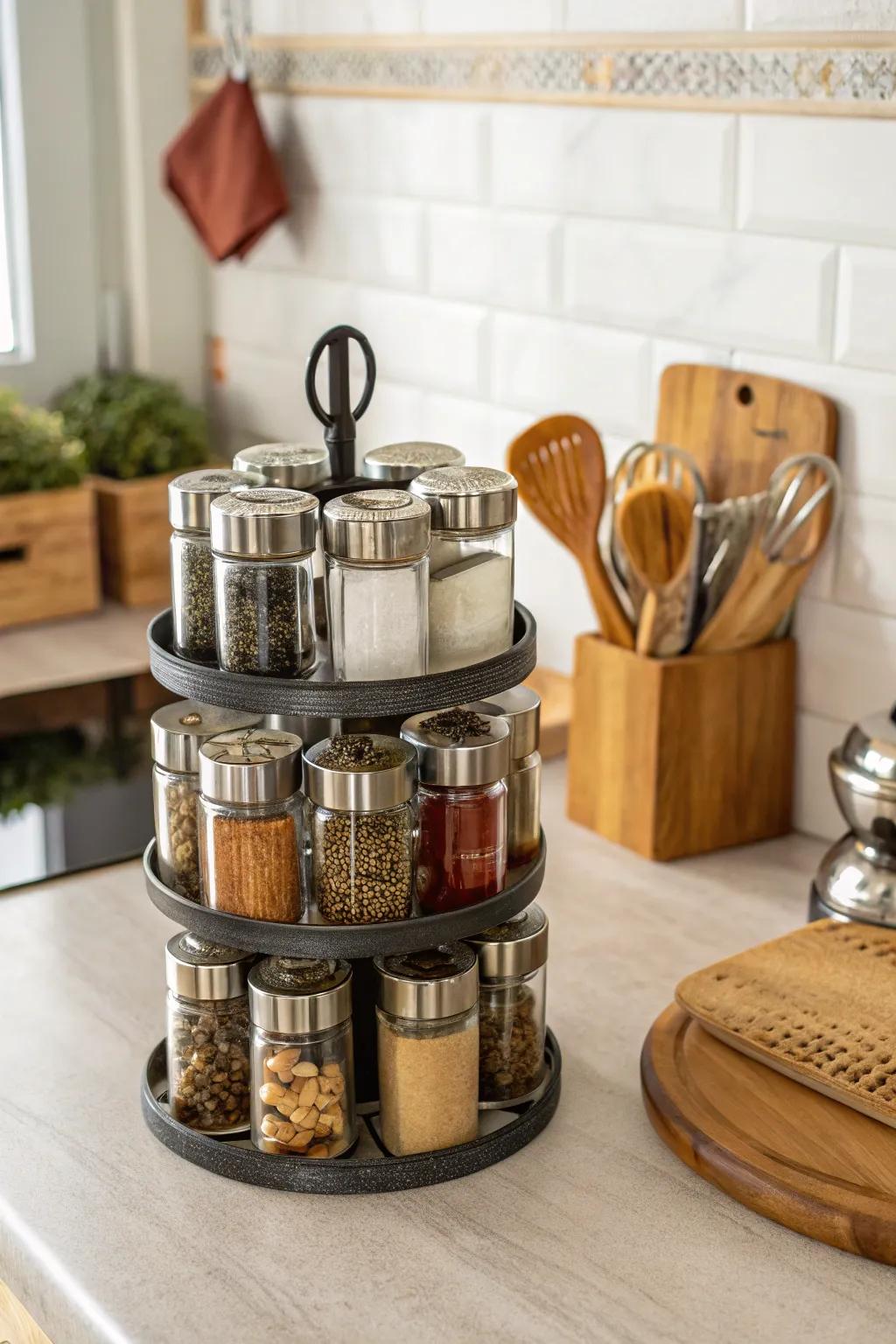 A classic revolving spice carousel for easy access.