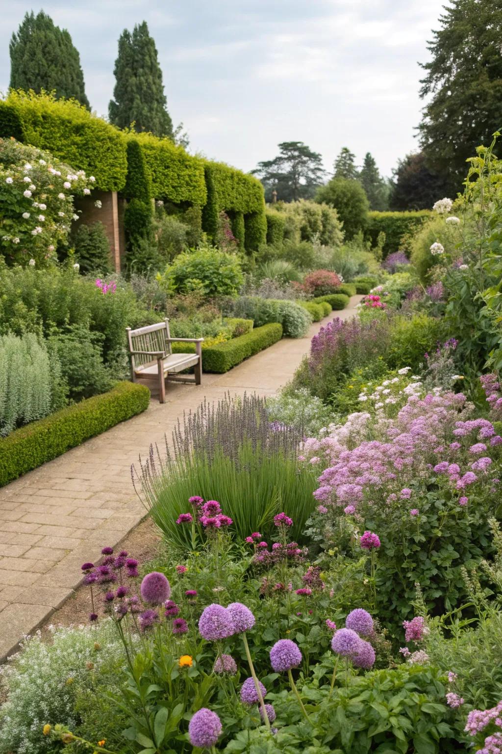 A sensory garden delights with fragrant blooms and textured foliage.