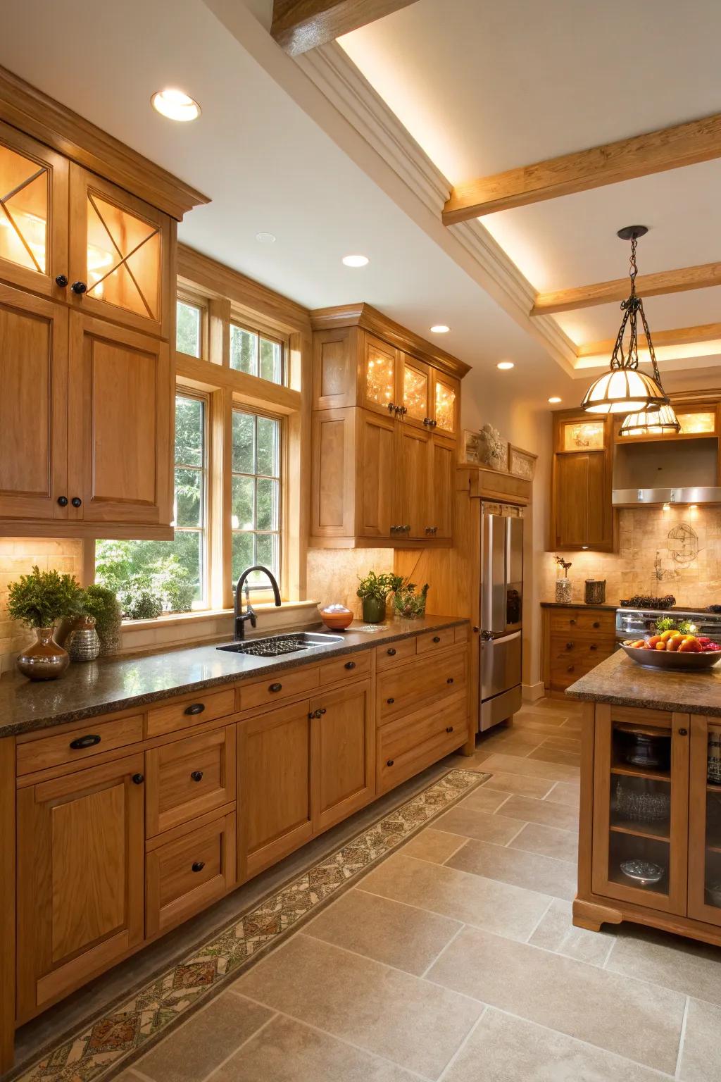 Natural wood tones complement the airy height of the kitchen.