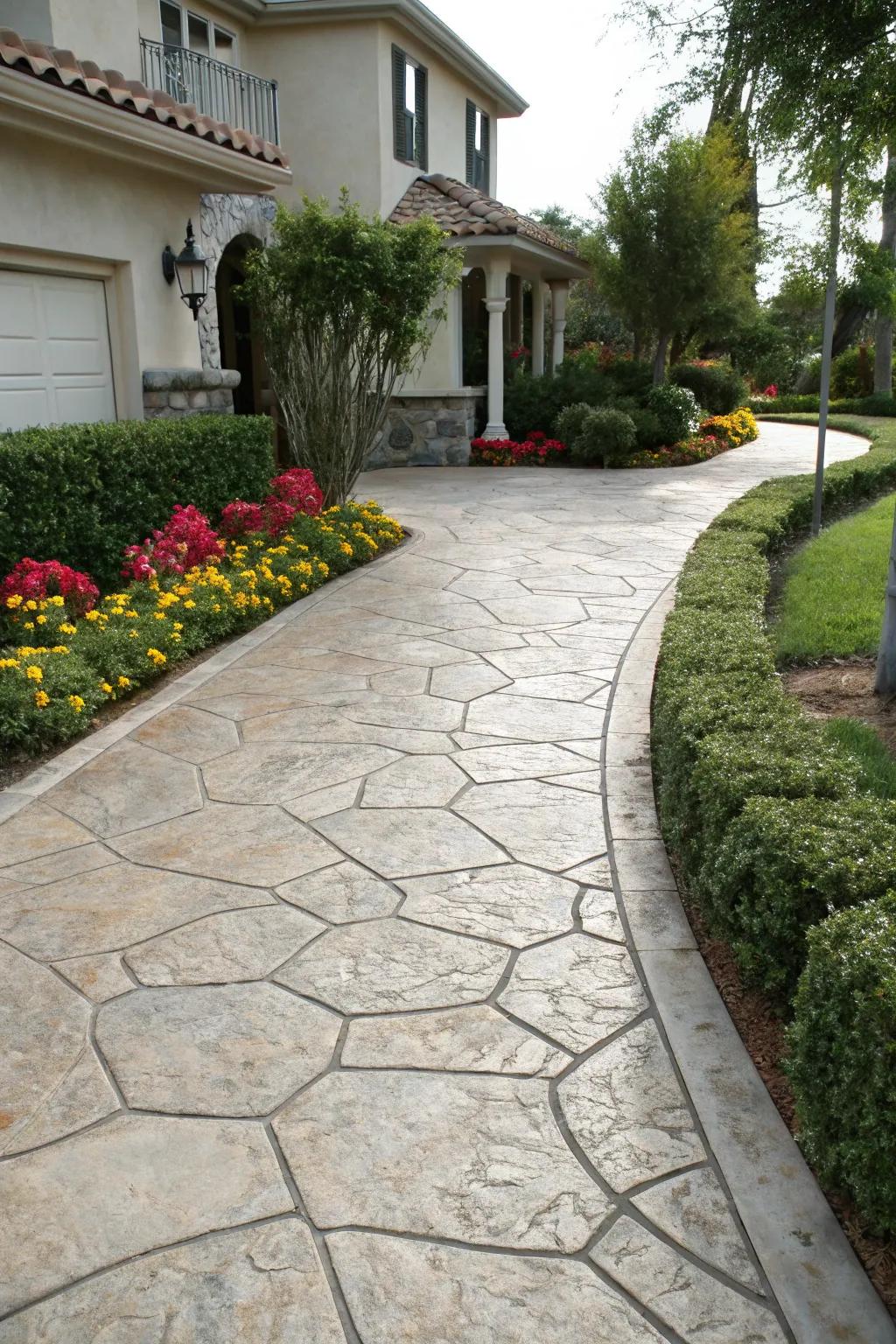 Natural stone patterns offer a luxurious look in this driveway.