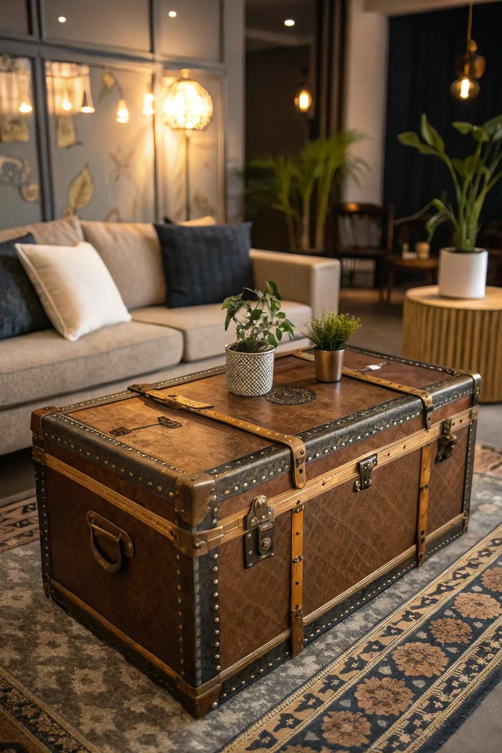 Steamer trunks serve as charming storage options in a steampunk room.