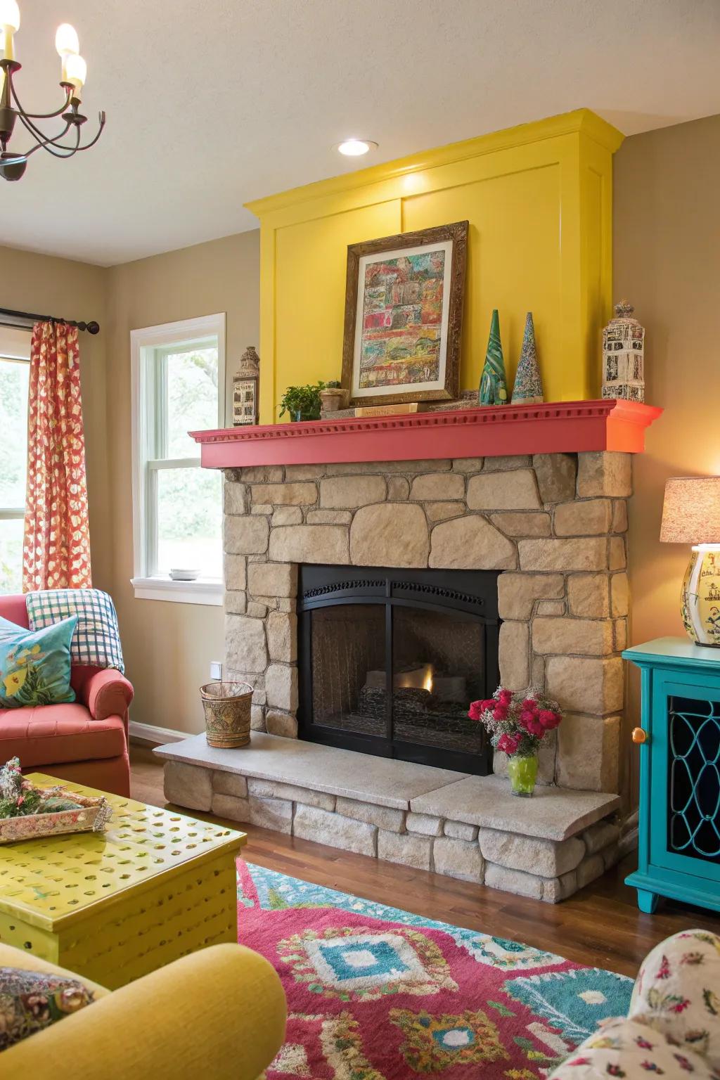 A vibrant space with a stone fireplace featuring a brightly painted mantel.