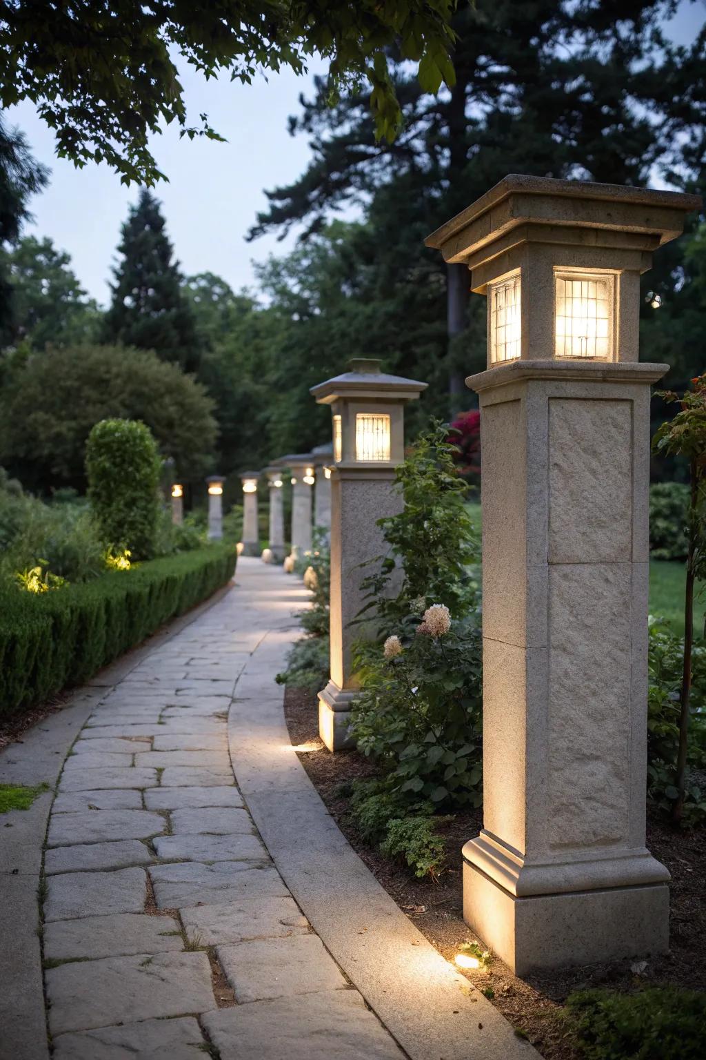 Illuminate your garden paths with stylish stone pillars.