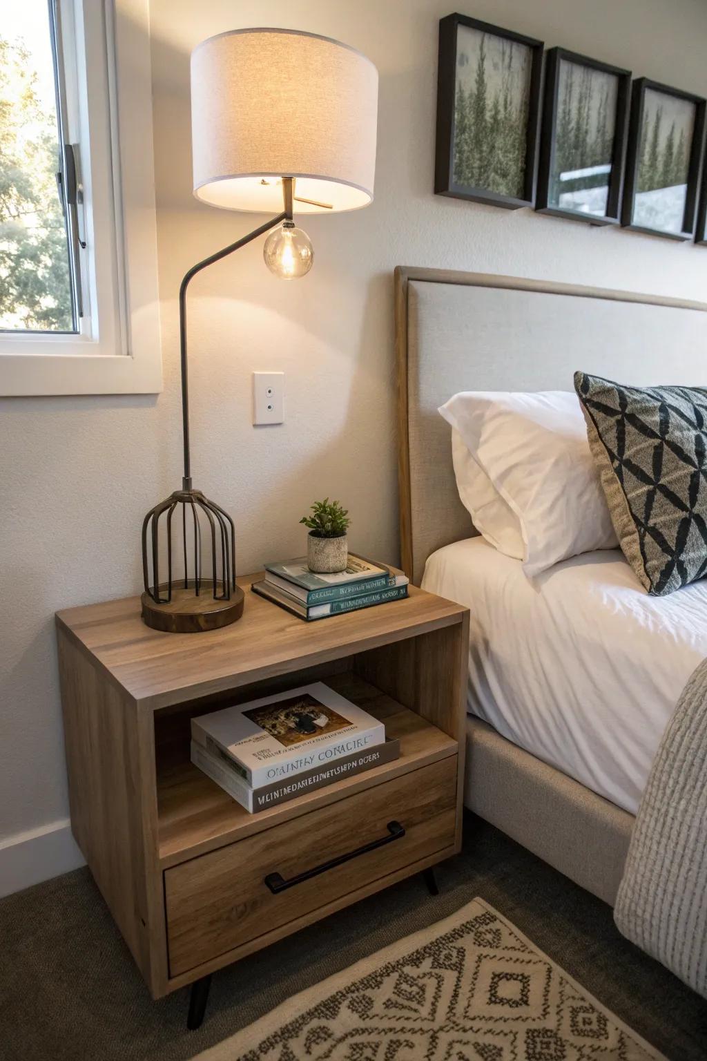 Floating nightstands are perfect for tight spaces.