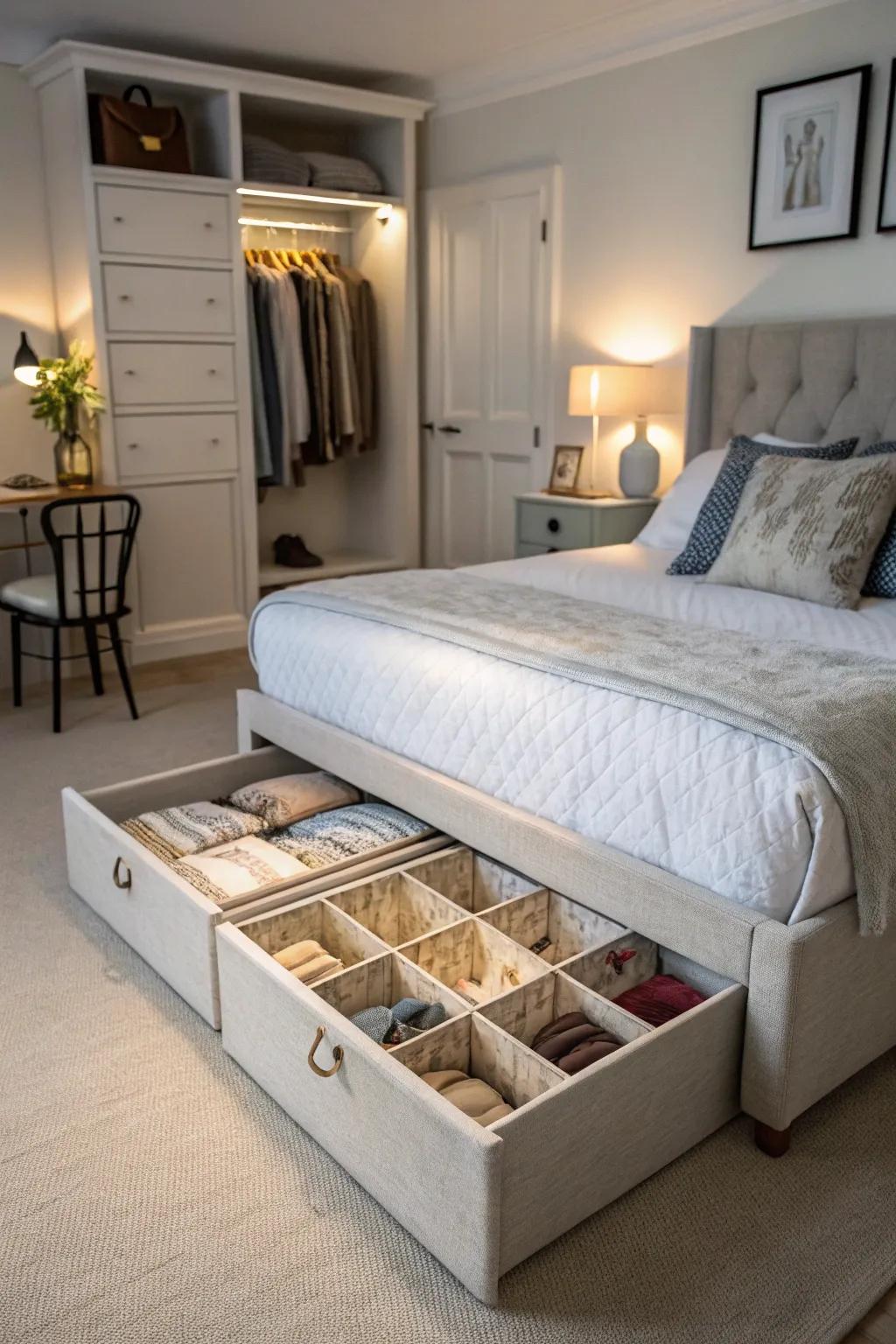 Bedroom showcasing under-bed storage boxes.