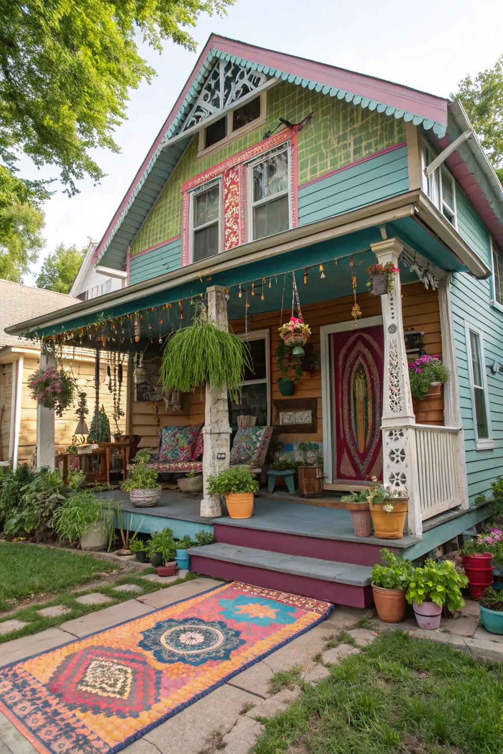 A vibrant bohemian summer house, bursting with color and creativity.