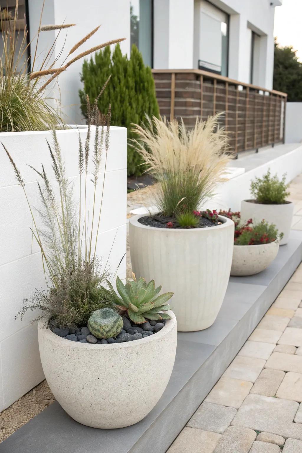 Monochromatic planters with grasses and succulents