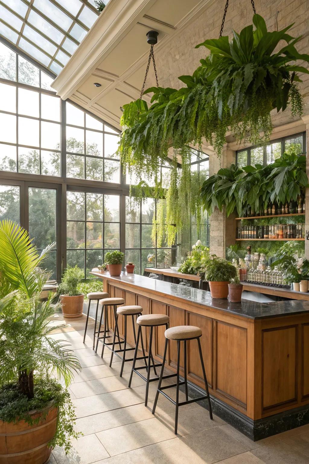 Indoor plants bring life and freshness to your sunroom bar.