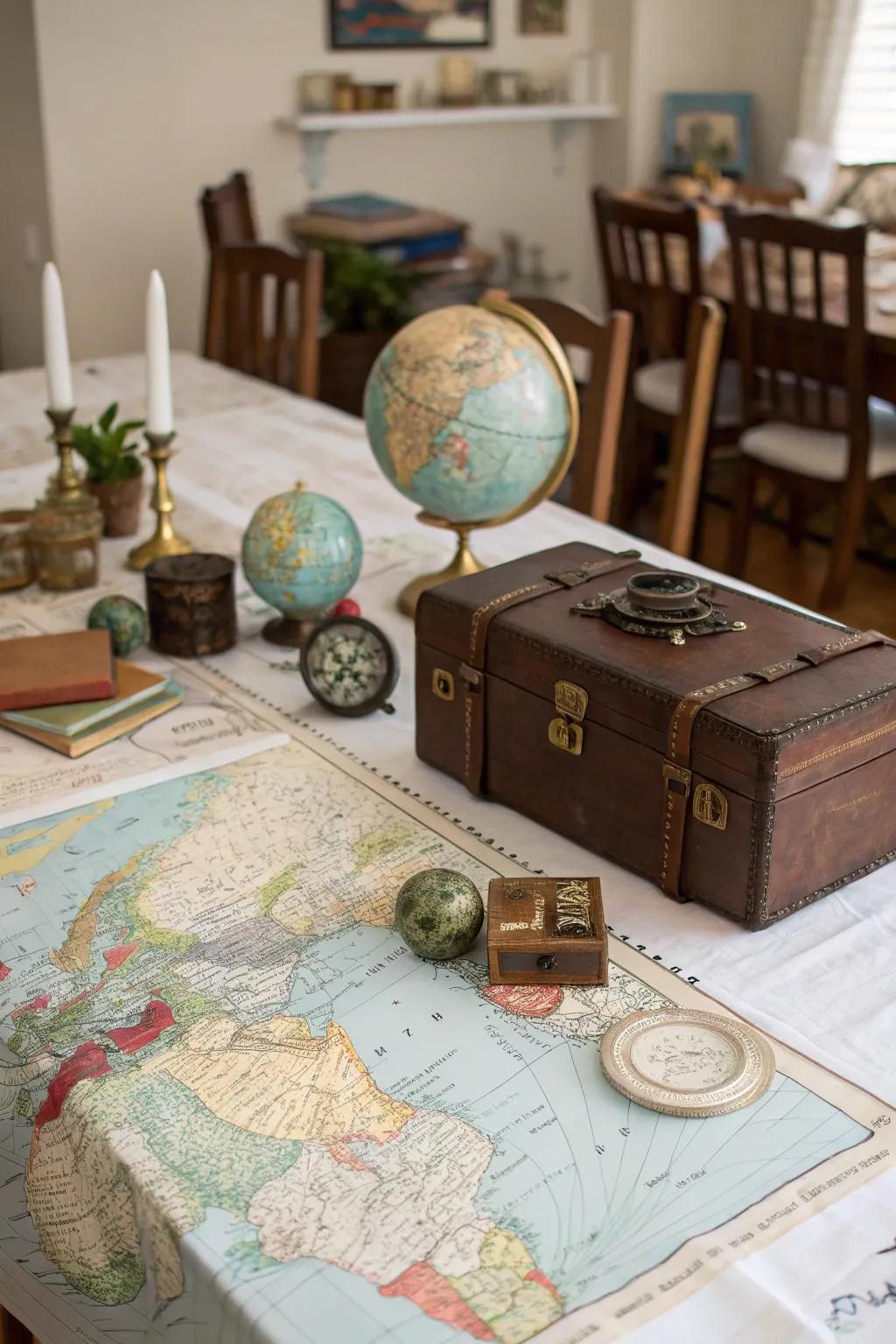 Vintage maps create a storytelling centerpiece.