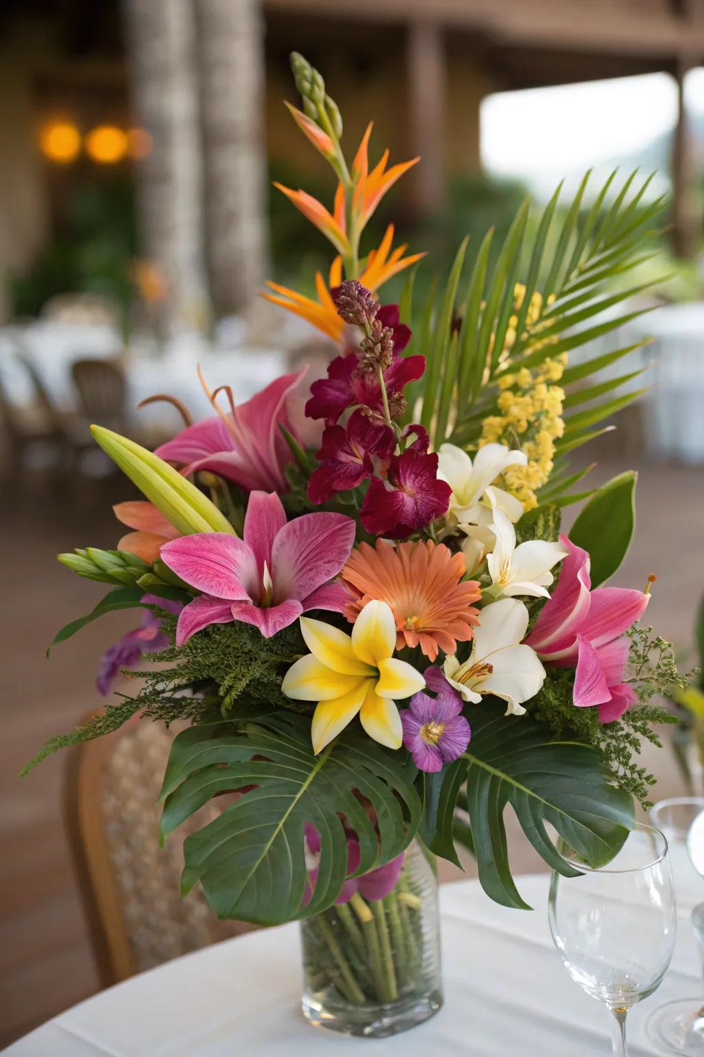 A vibrant tropical centerpiece featuring exotic anthuriums and orchids.