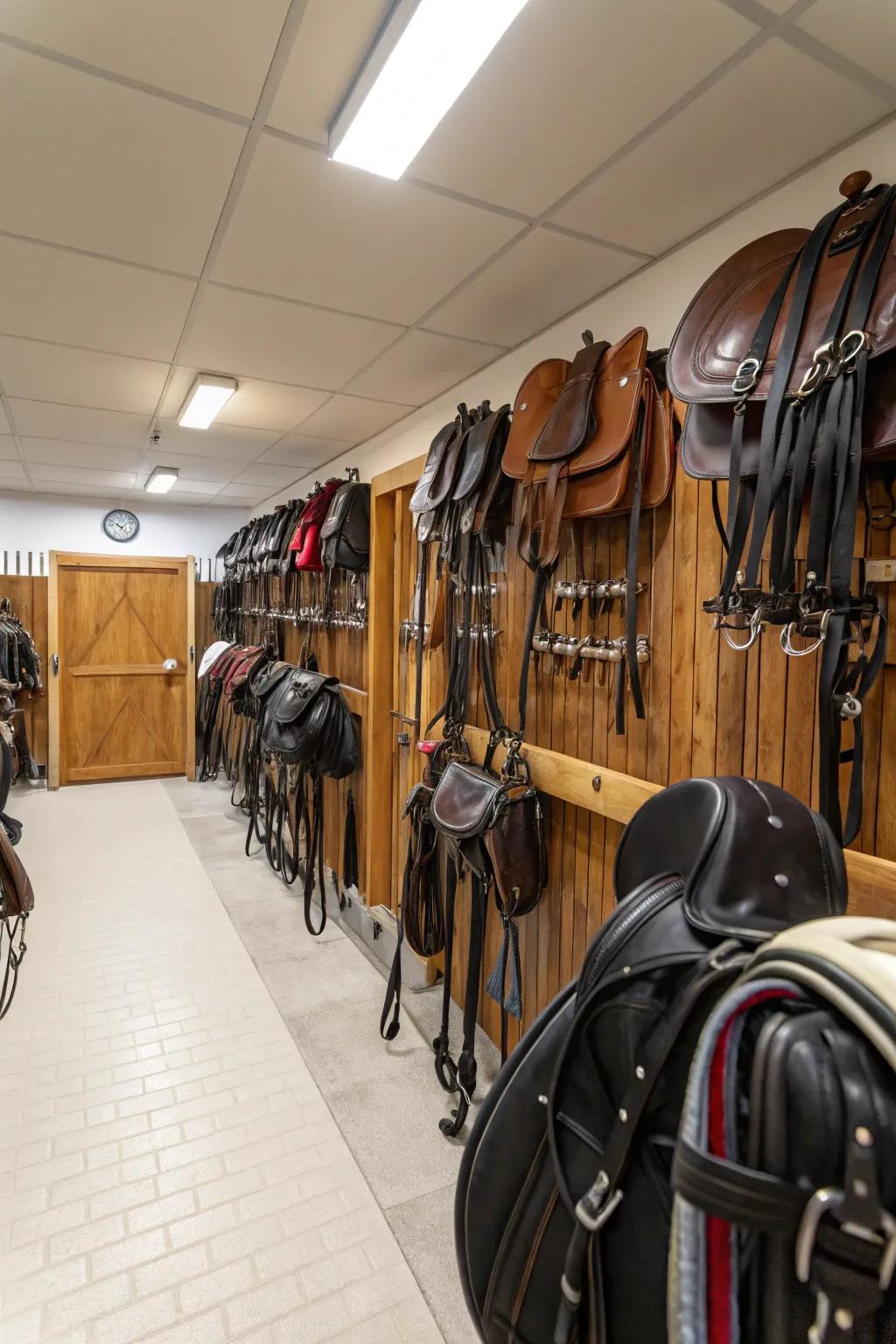 Equipment strategically placed for optimal workflow in a tack room.