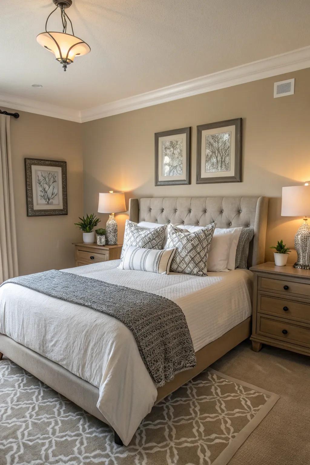 Subtle complementary colors elevate the tan bedroom decor.