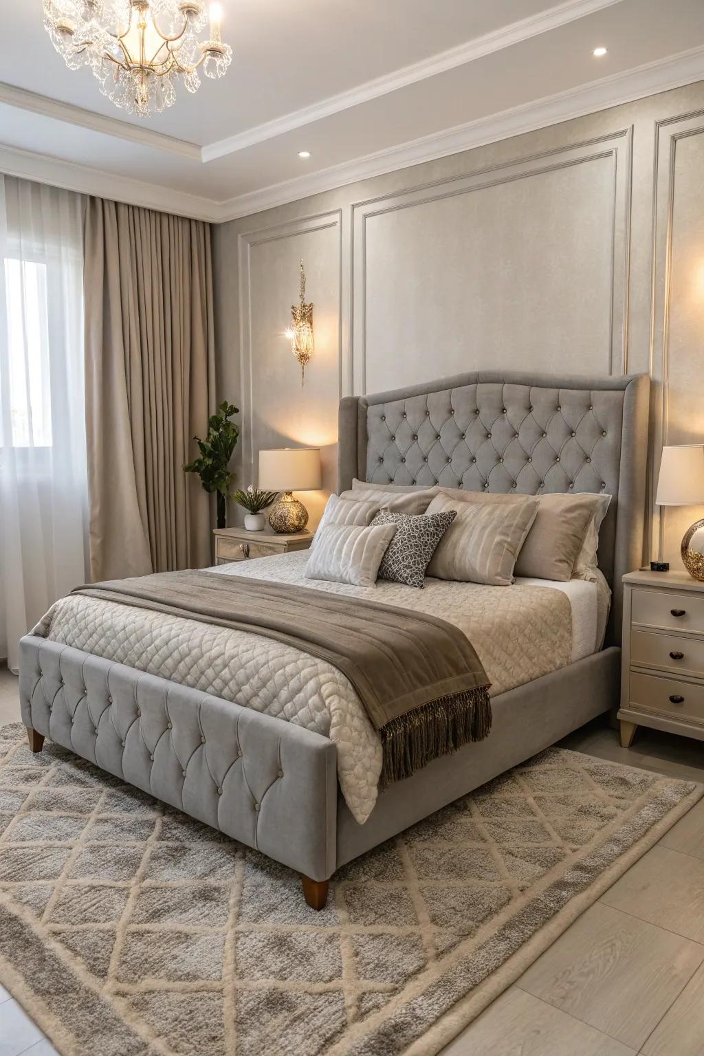A sleek grey bedframe within a taupe and grey setting.