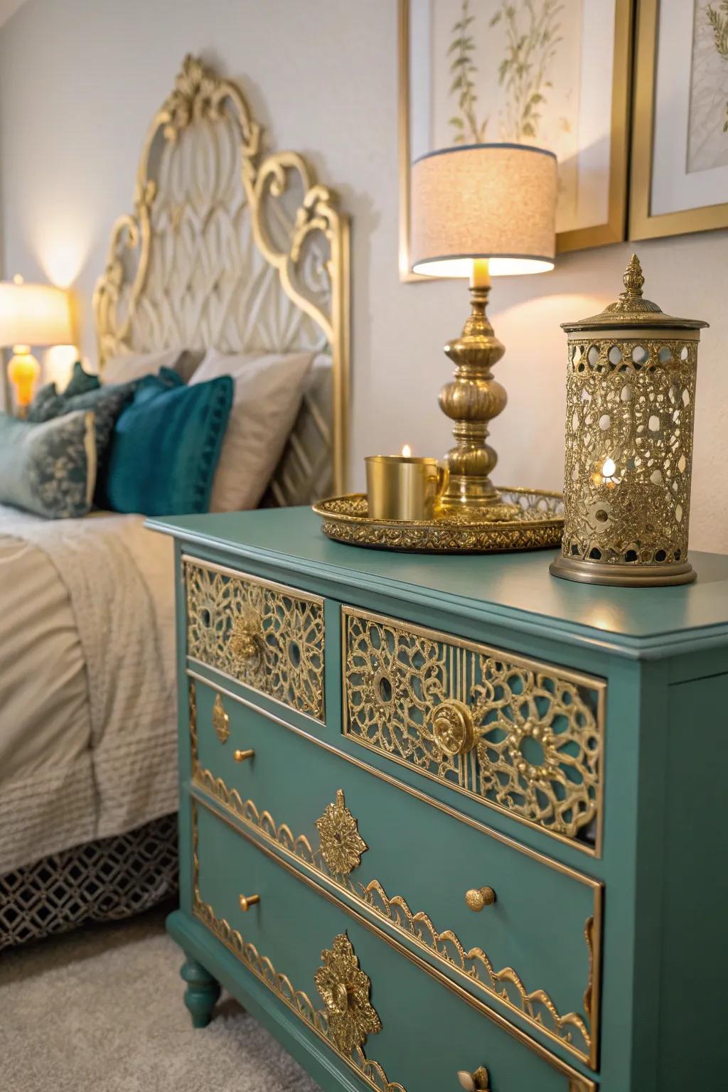 Gold filigree accessories bring intricate elegance to this bedroom.