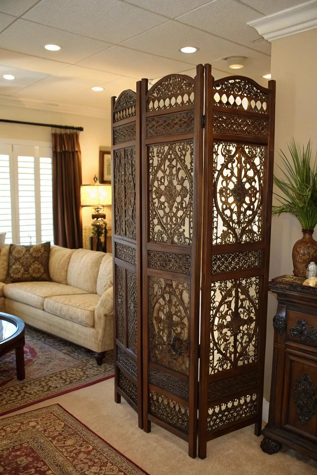 An ornate decorative screen serves as a beautiful temporary wall.