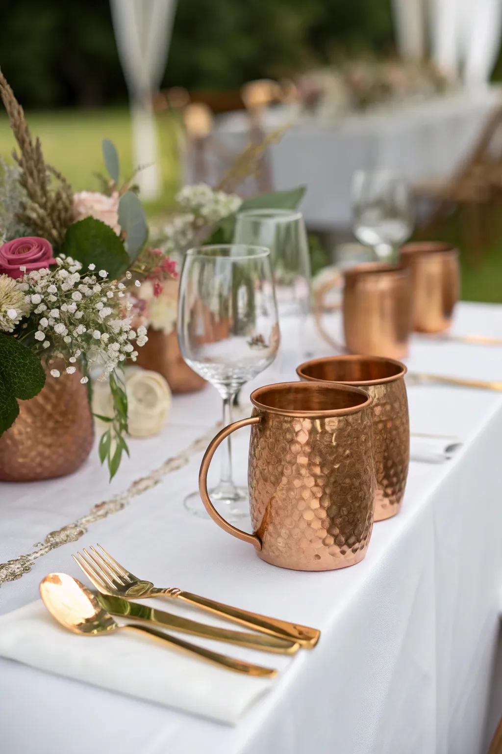 Metallic elements add a festive sparkle to the table.