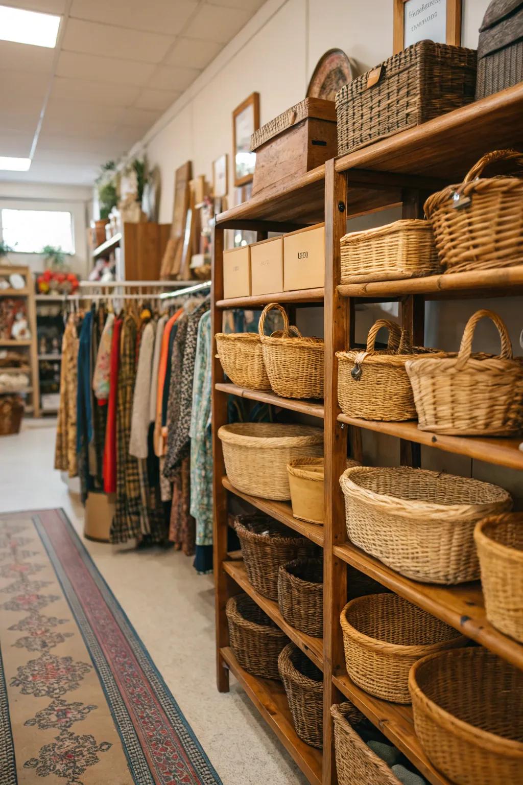 Woven baskets adding organization and texture to a space.