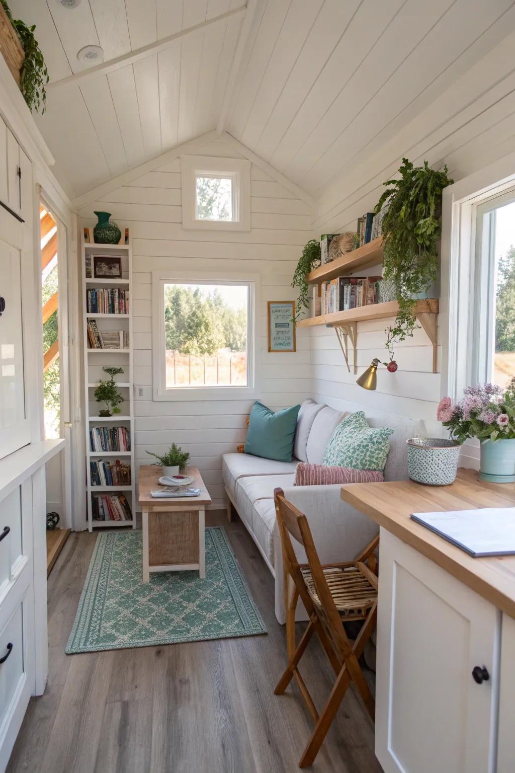 Light colors make this tiny house feel spacious and inviting.