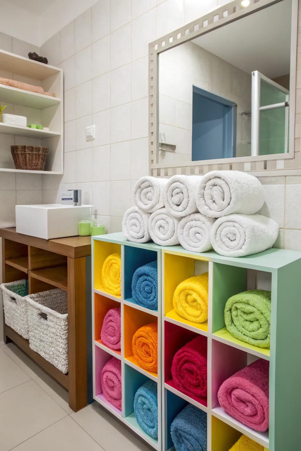 Add a pop of color with compact towel organizers.