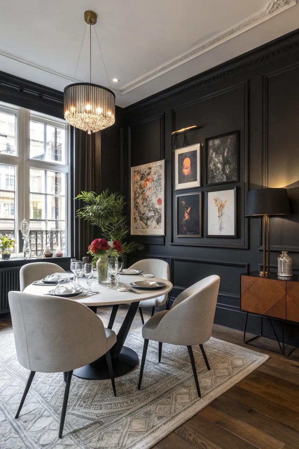 A townhouse dining room with daring black walls for a modern edge.