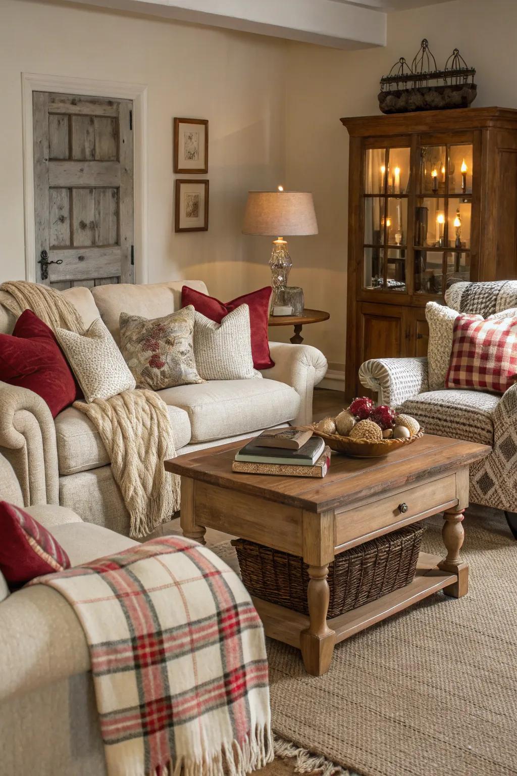 A cozy, layered look invites relaxation in this traditional living room.