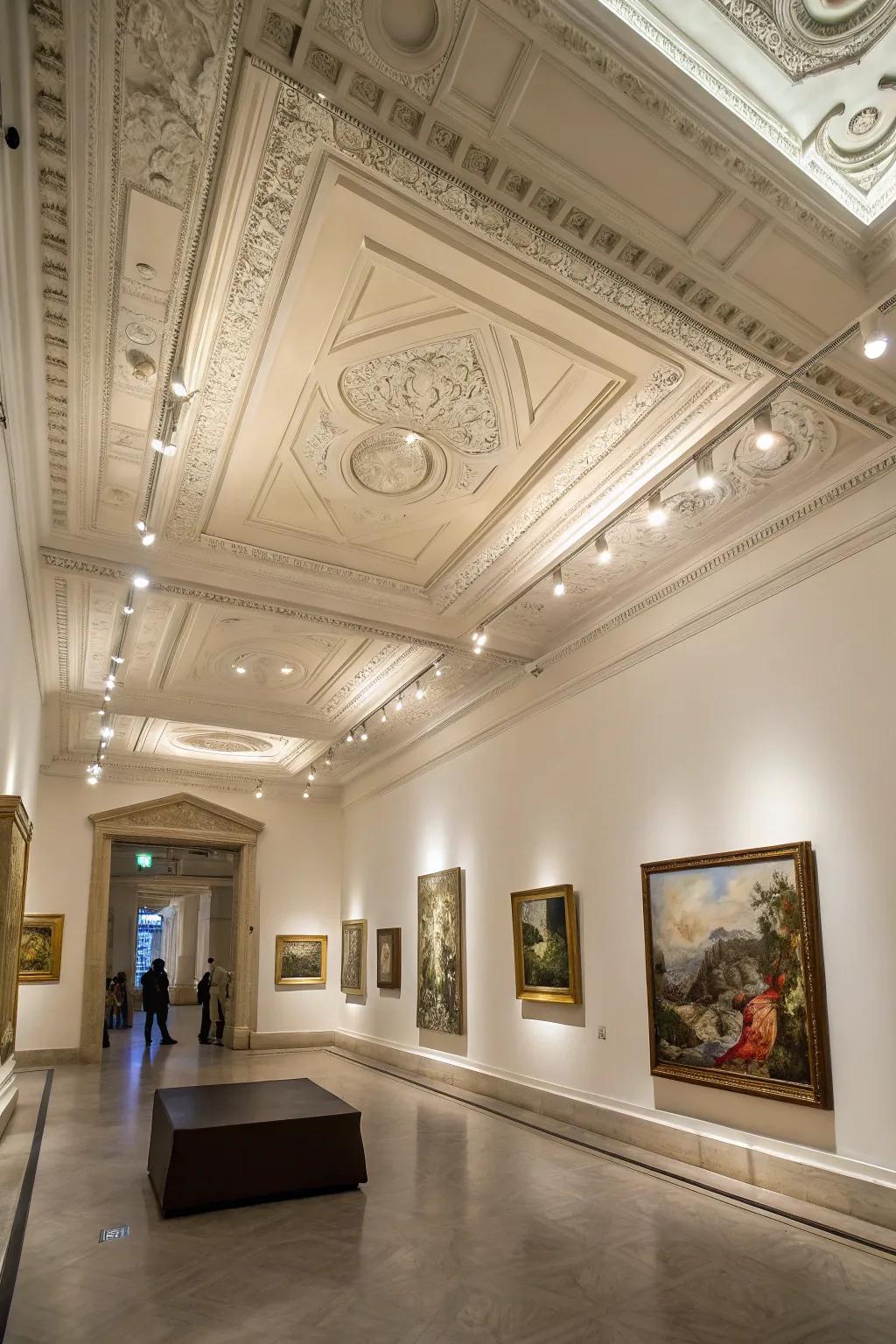 A gallery-style room with artistic wall washers in the tray ceiling.