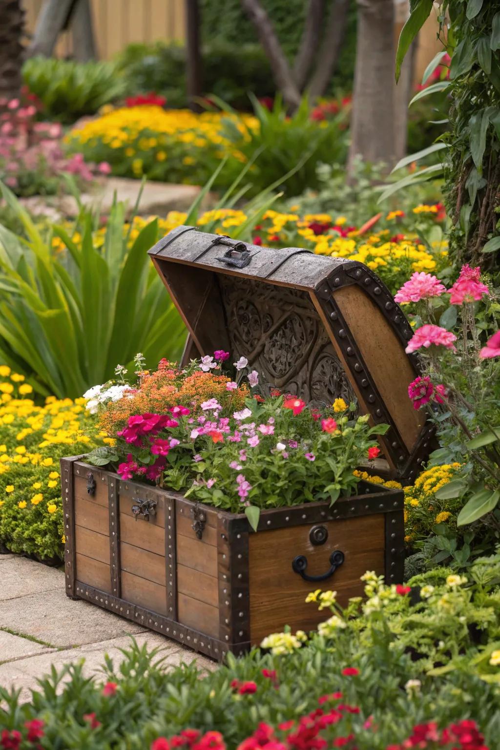 A treasure chest planter brings charm to your garden.