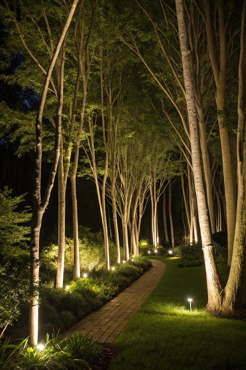 Spotlights elegantly highlight narrow tree trunks.