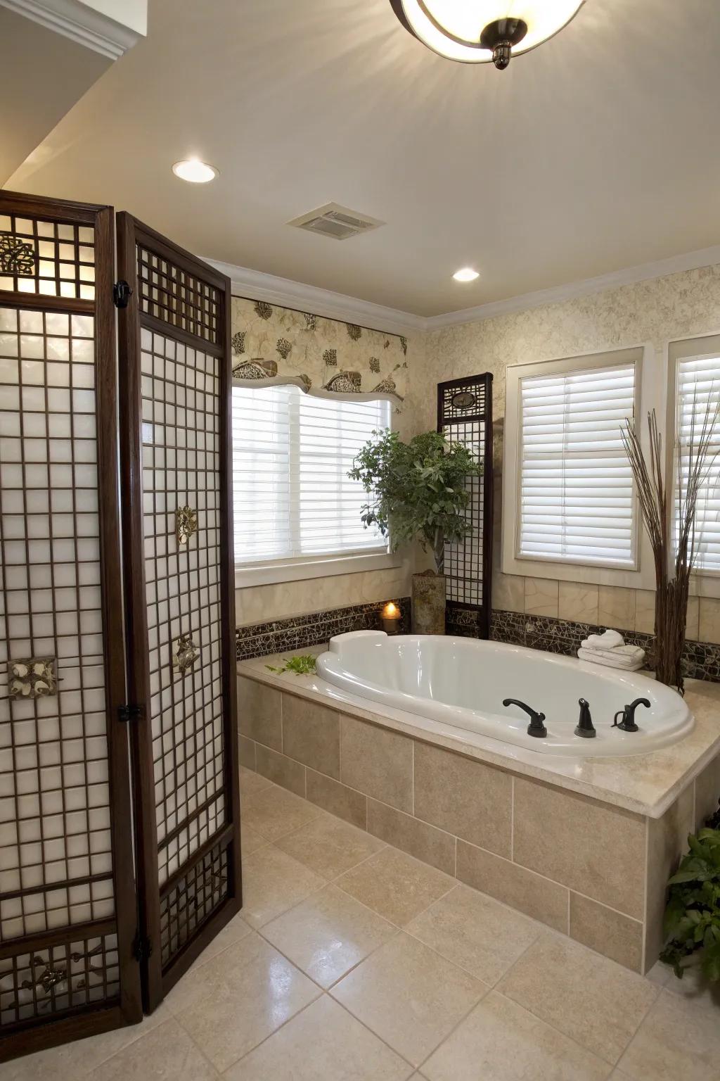 A secluded tub deck sanctuary with elegant privacy screens.