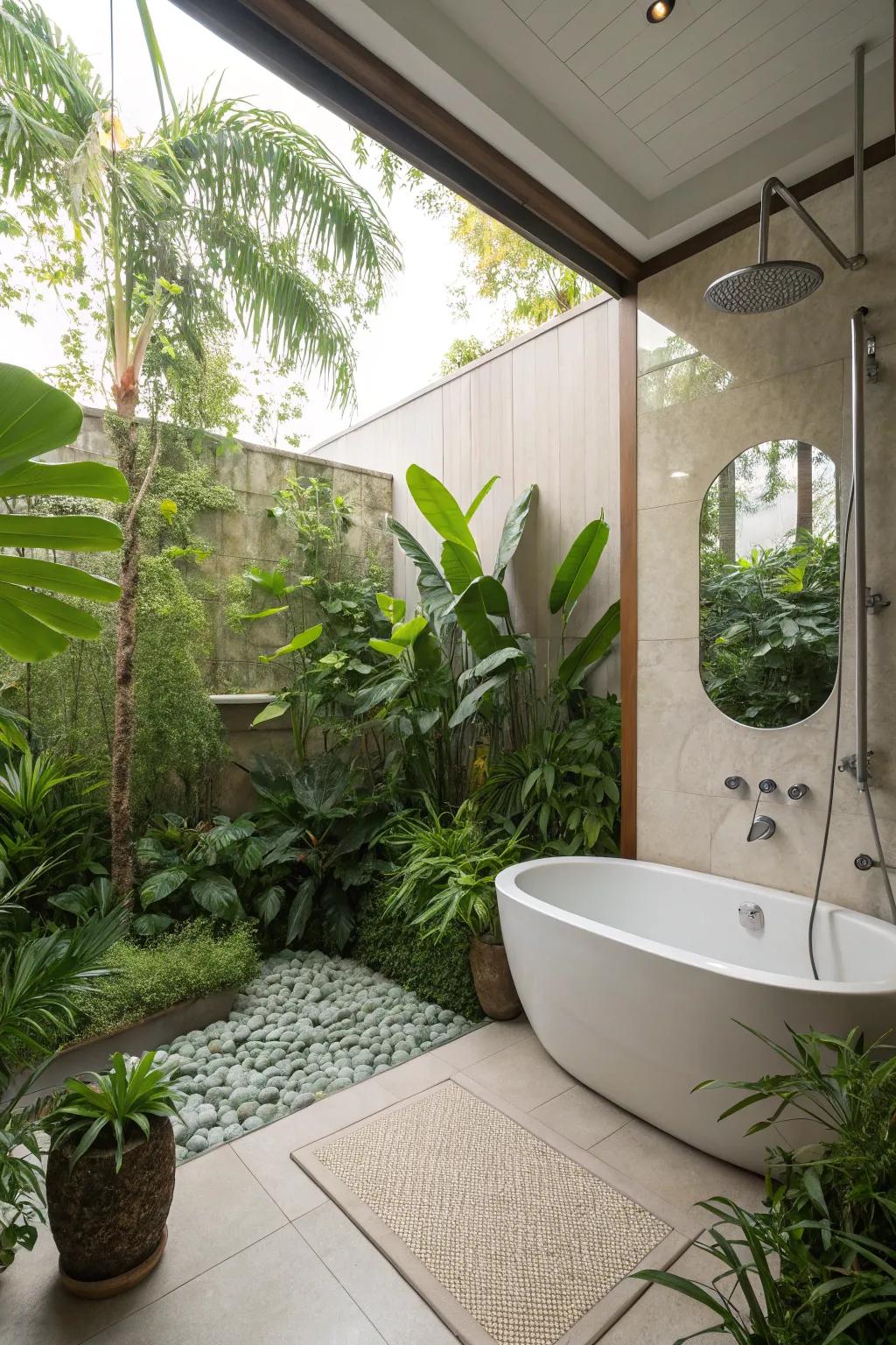 Greenery adds a refreshing, natural vibe to the tub-in-shower setup.