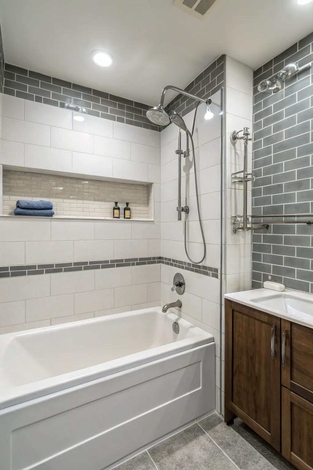 Dual showerheads add a luxurious touch to this tub shower combo.