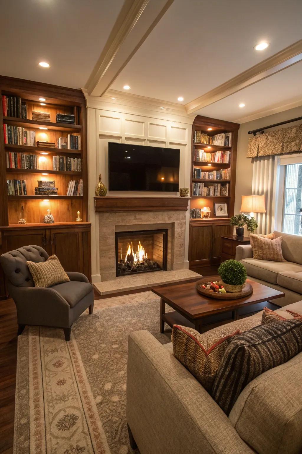 A fireplace adds warmth and a focal point to any TV room.