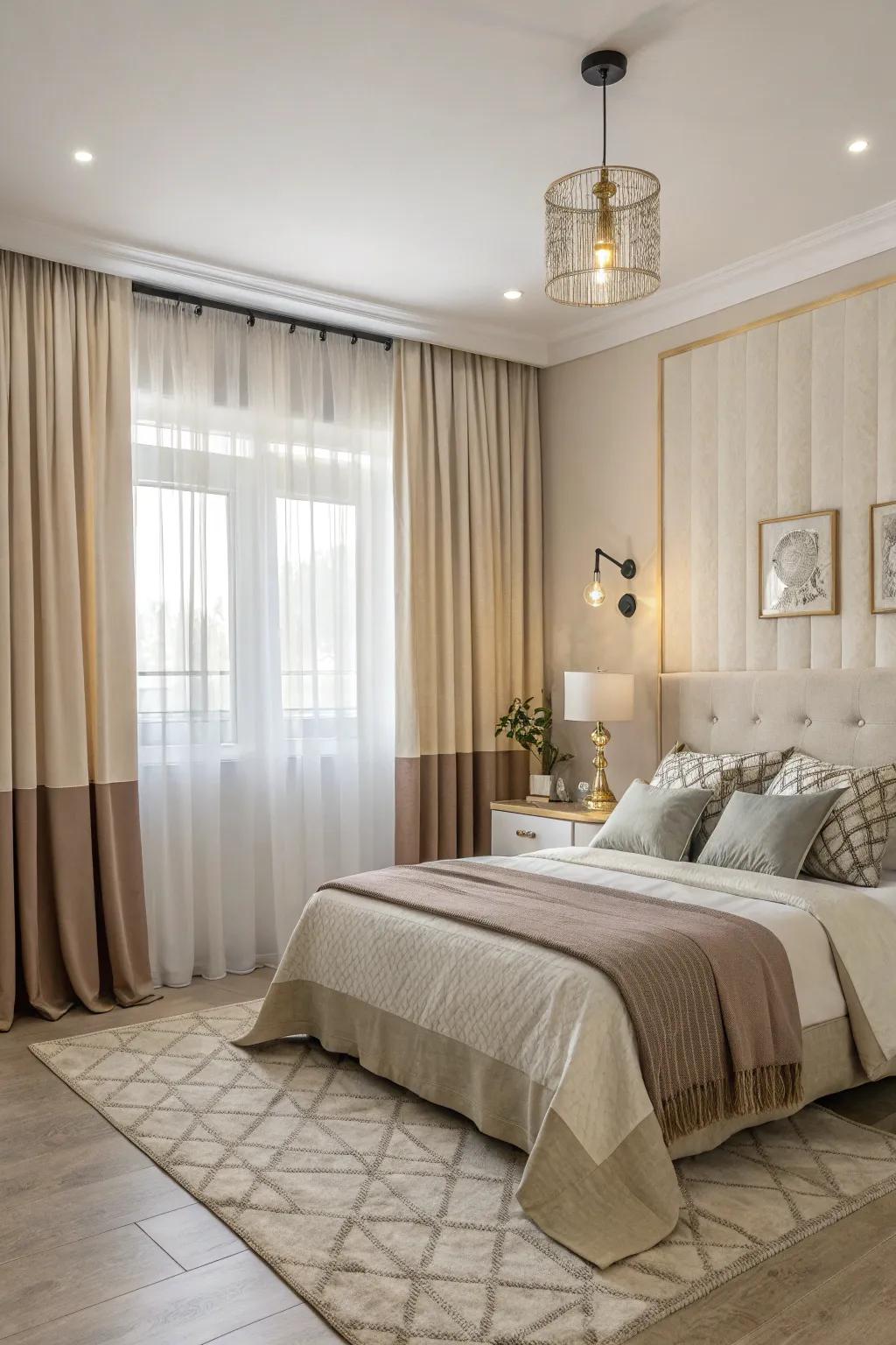 Two tone curtains perfectly complementing the decor in a stylish bedroom.