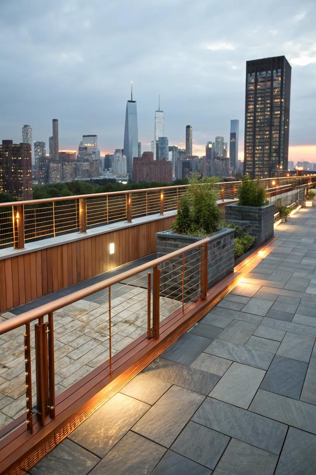 Copper and slate offer a warm, industrial vibe for an urban deck.