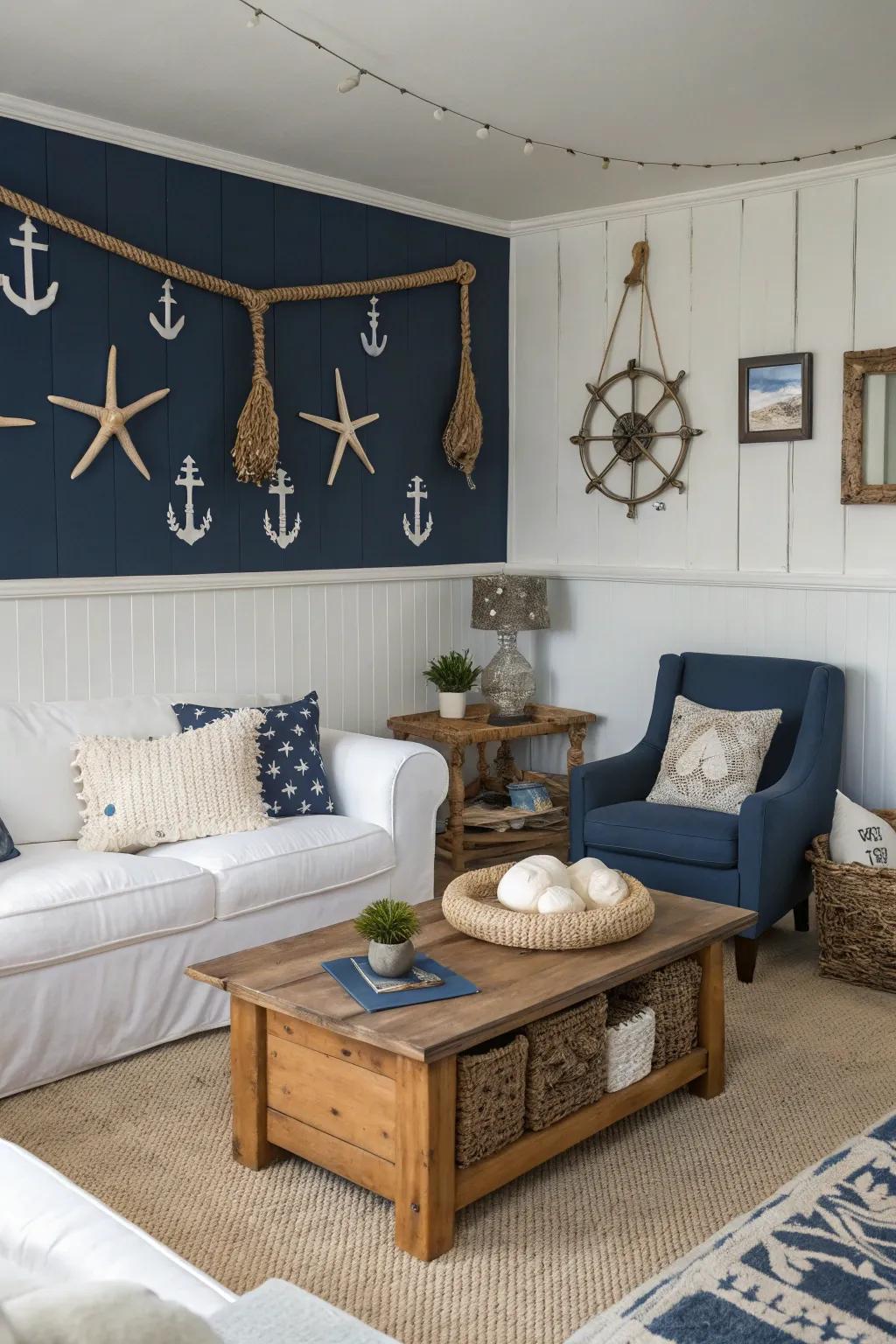 Navy and white evoke calming coastal vibes.