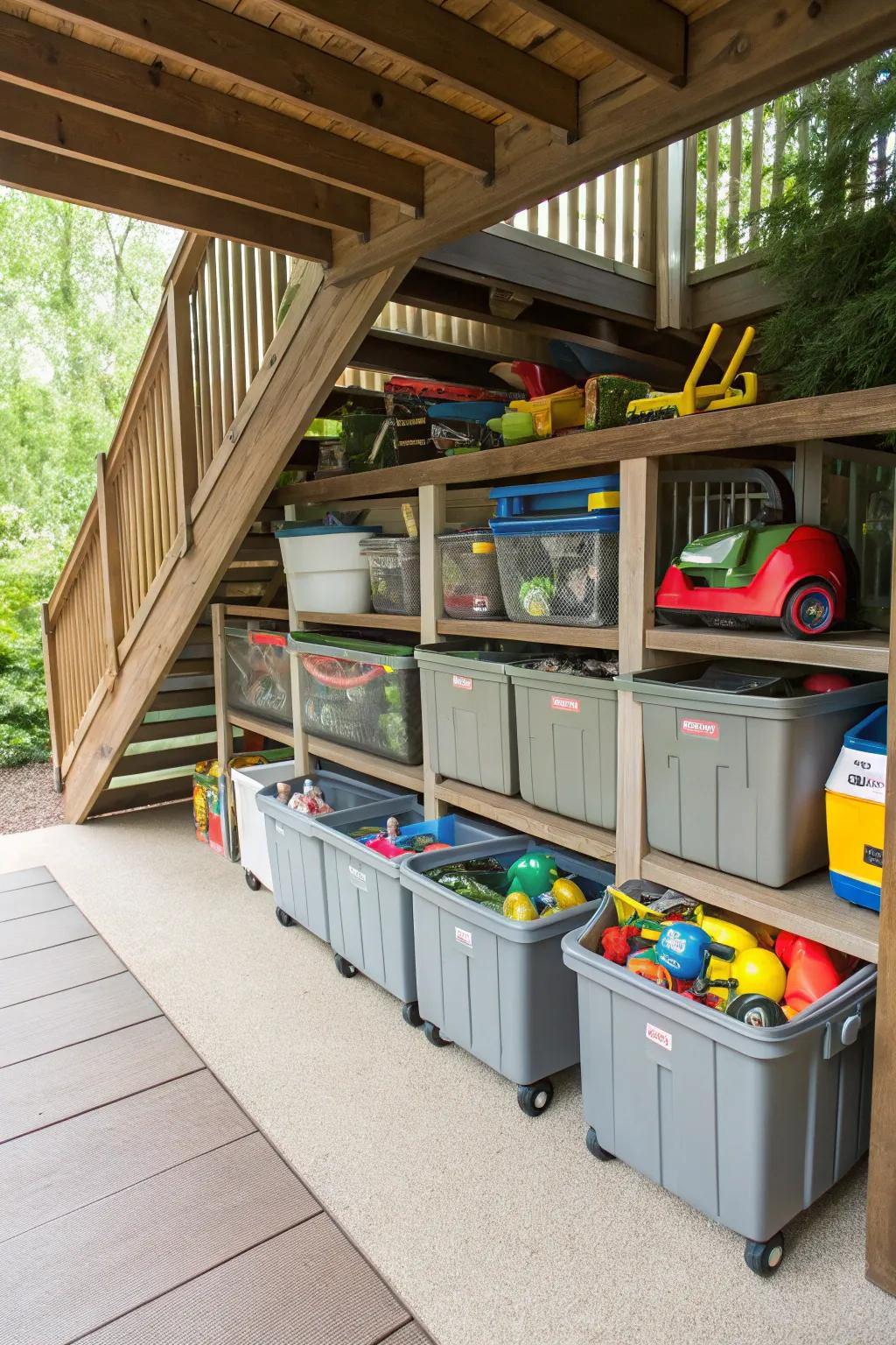 Rolling bins provide easy access and mobility for under deck storage.