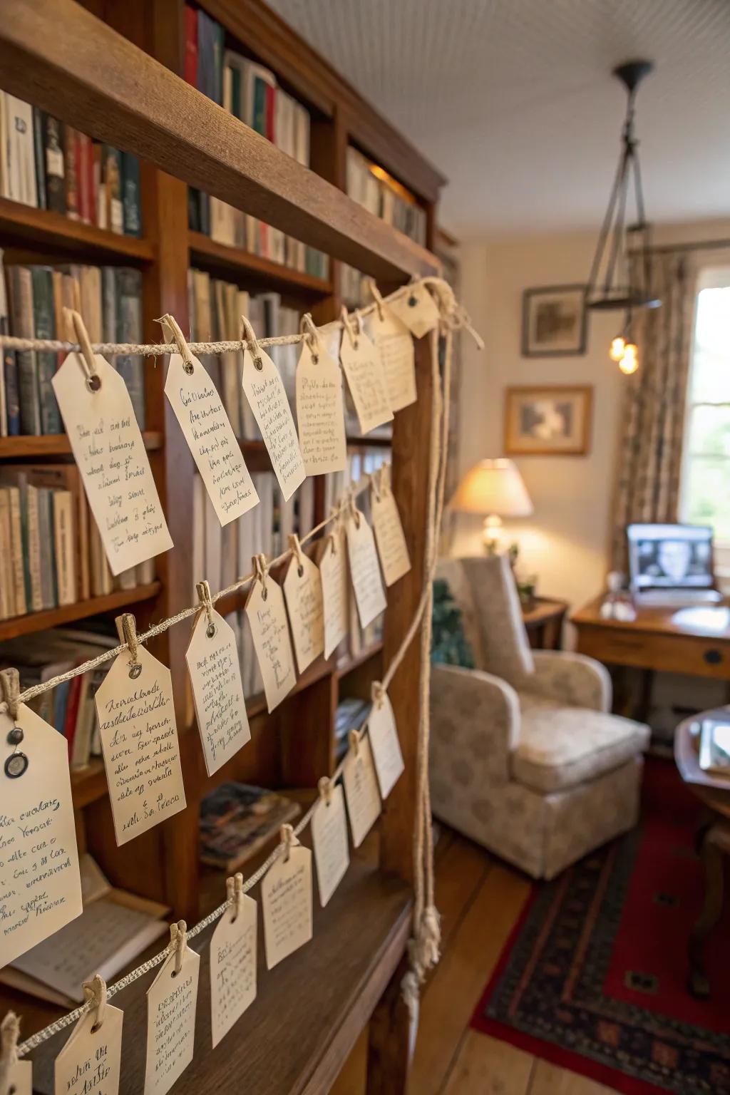 Guests leave messages on vintage typewritten tags.