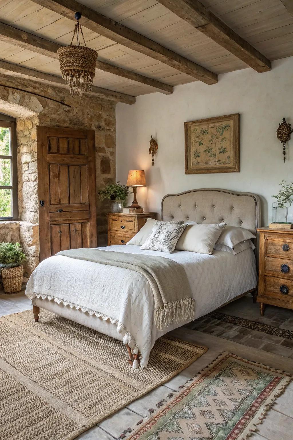 Linen adds rustic charm to this inviting bedroom setting.