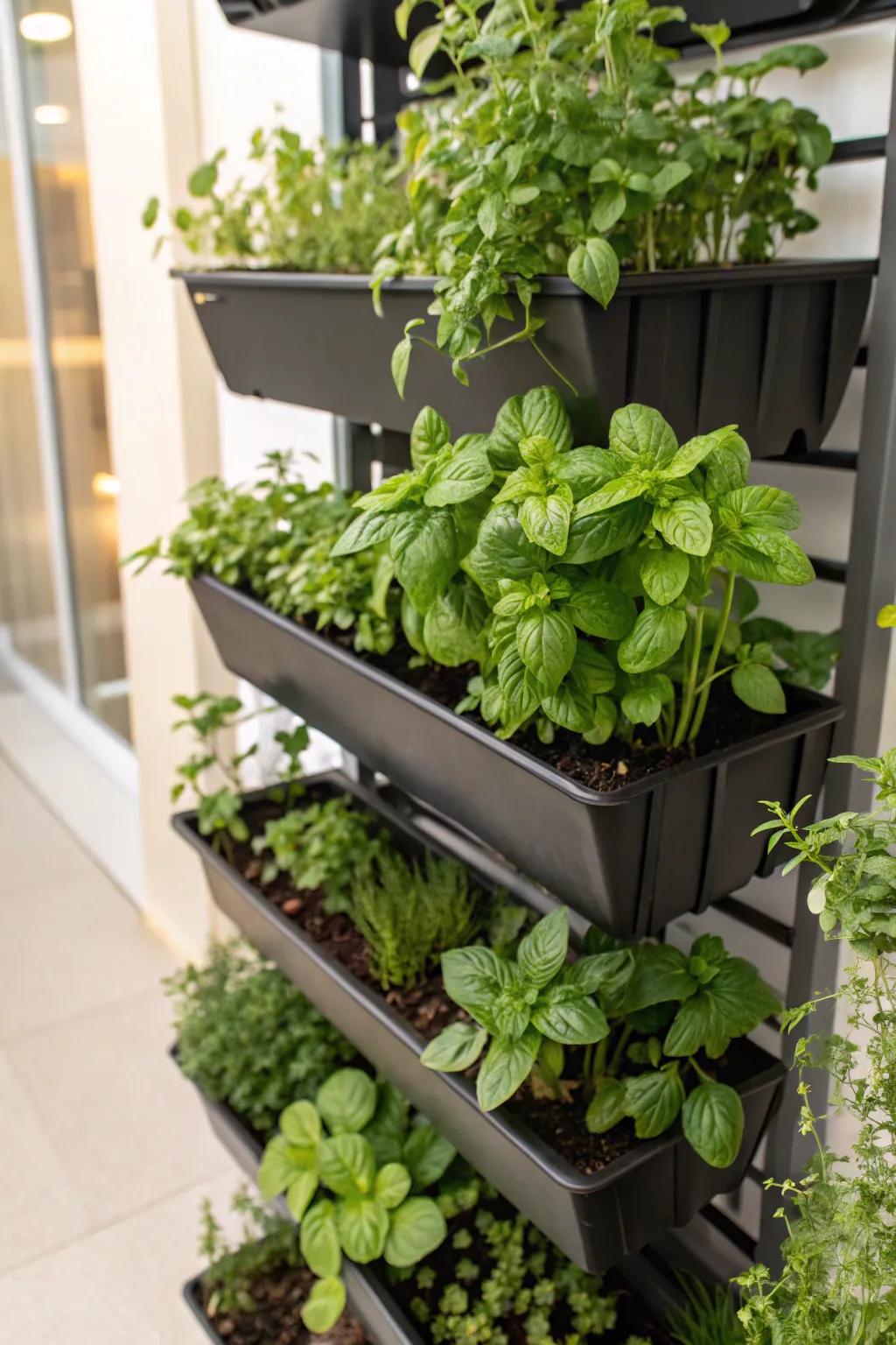 A vertical garden filled with functional herbs like basil and mint.