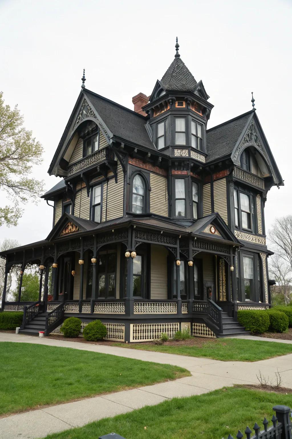 Black accents add a modern twist to classic Victorian architecture.