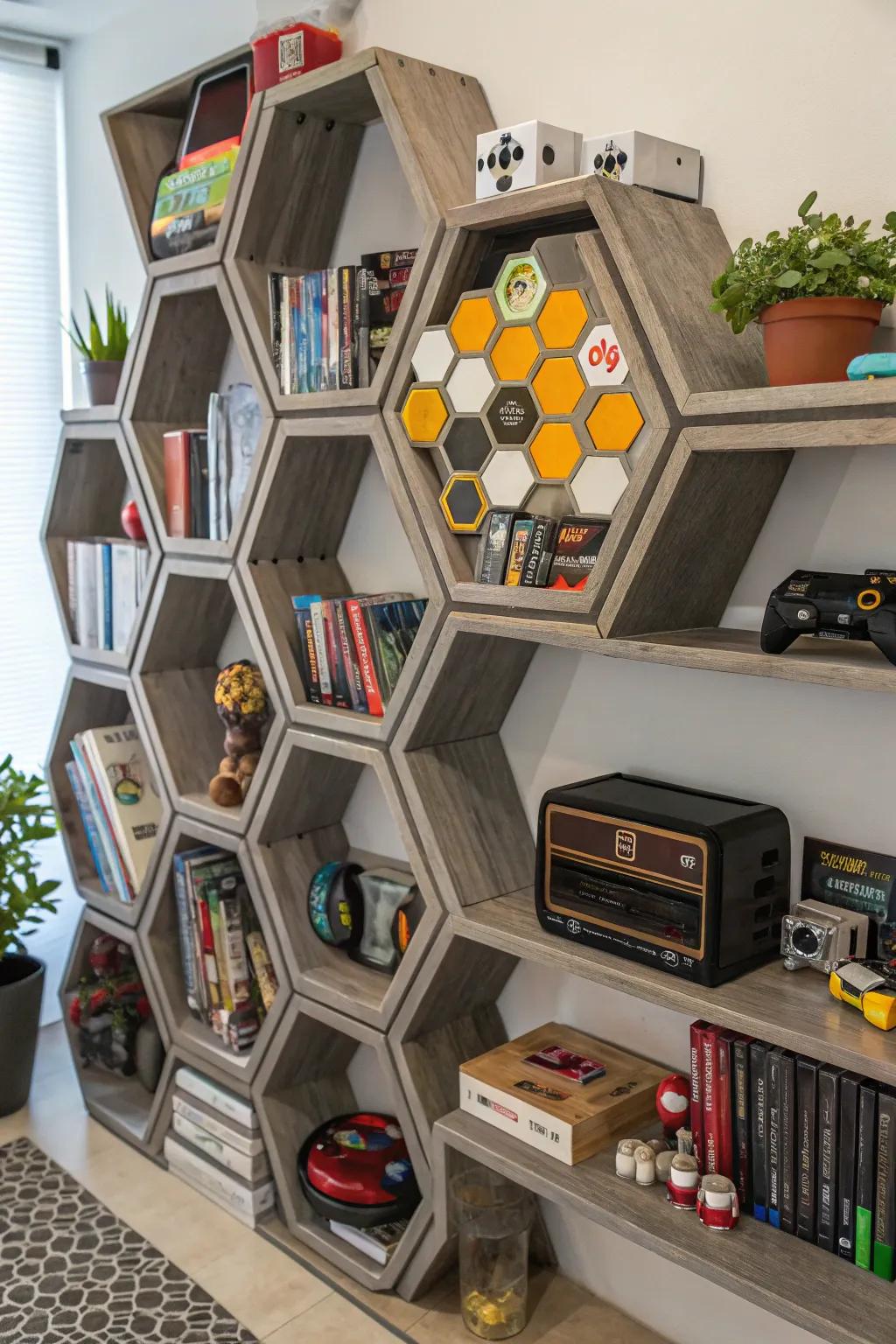 Geometric shelves adding an artistic touch to video game storage.